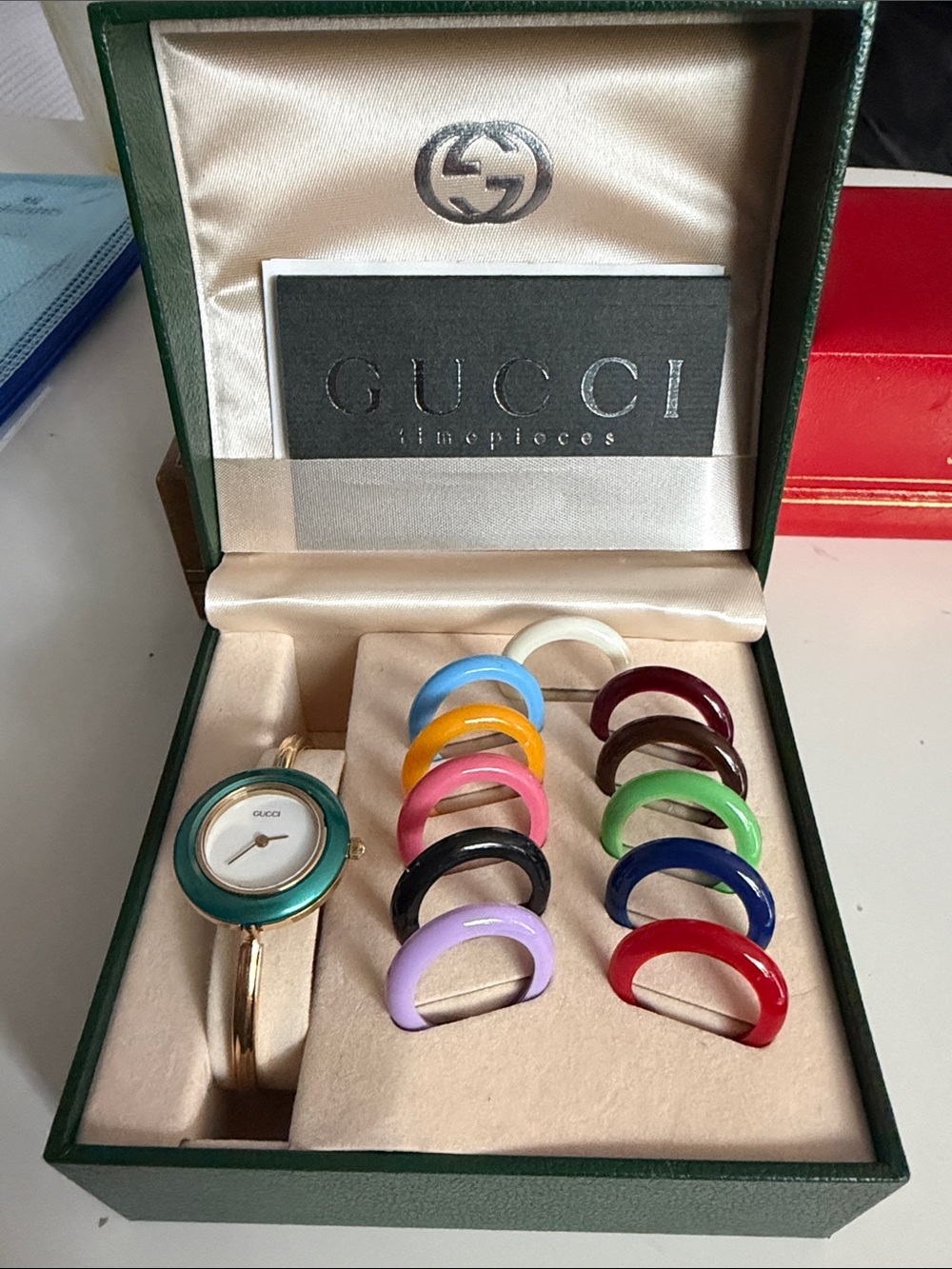 Gucci Ladies Interchangeable Bezel Watch in Green with Multi-Color Bezels